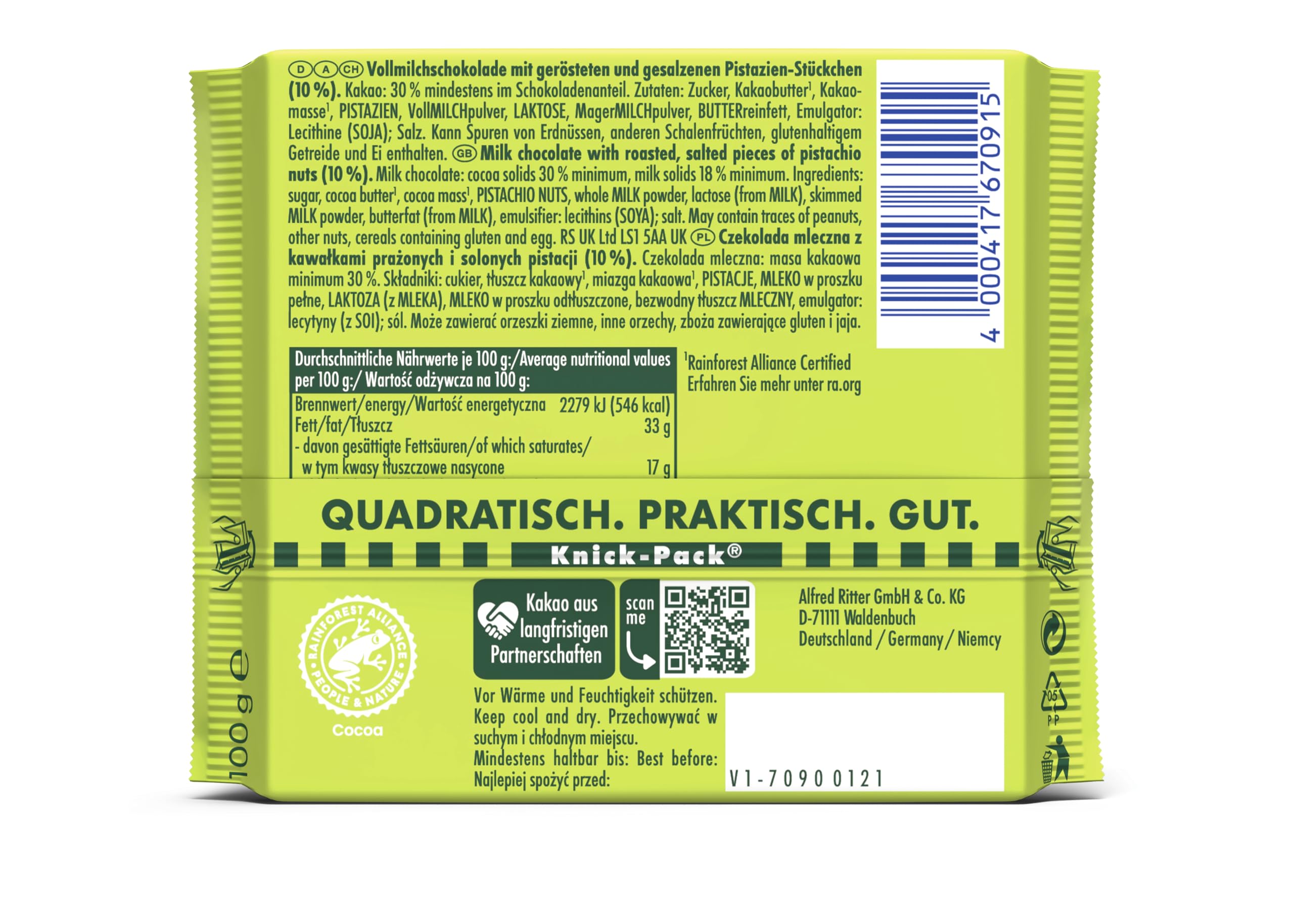Ritter Sport Nuss-Klasse Pistazie Schokolade 12x100g