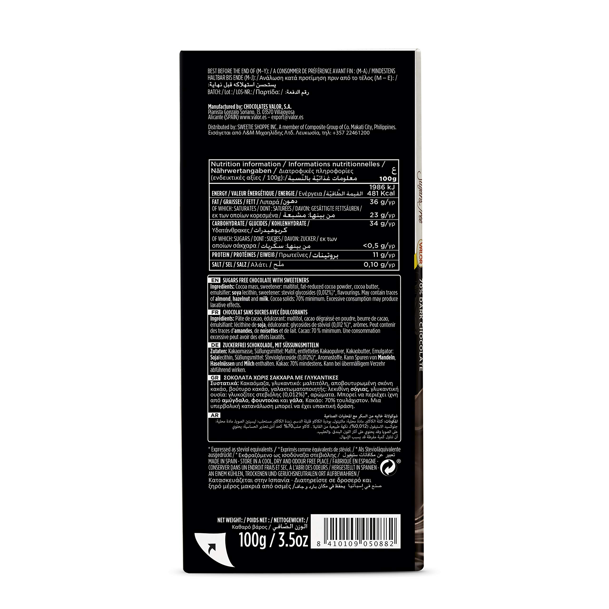 Valor 0% Dunkle Schokolade 70% Tafel 100g zuckerfrei Stevia
