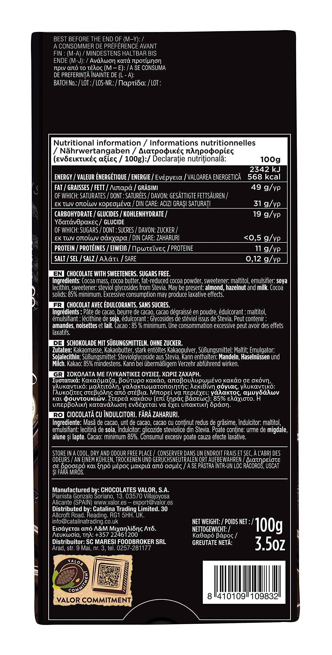 Valor 0% Dunkle Schokolade 85% Kakao zuckerfrei 100 g