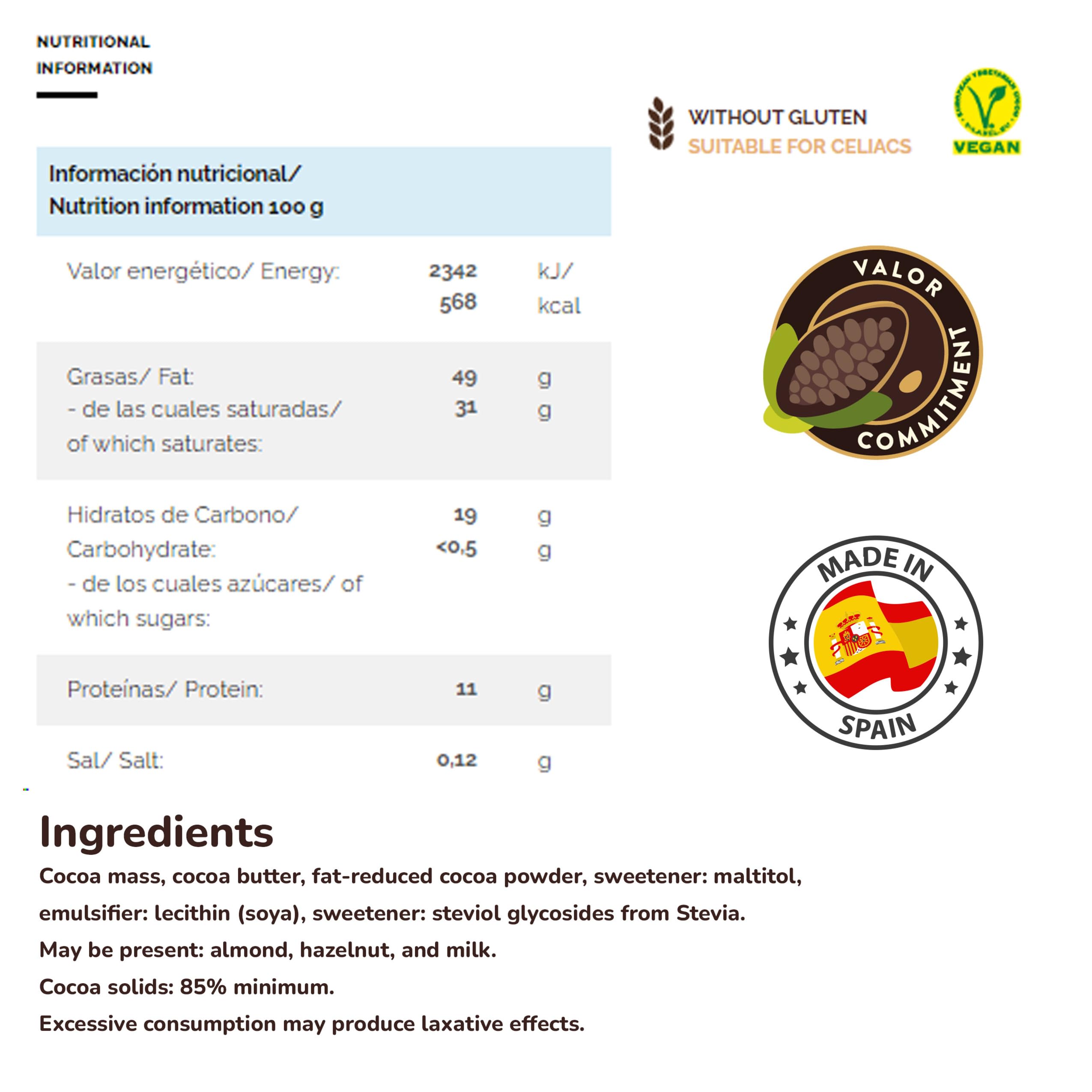 Valor 0% Dunkle Schokolade 85% Kakao zuckerfrei 100 g