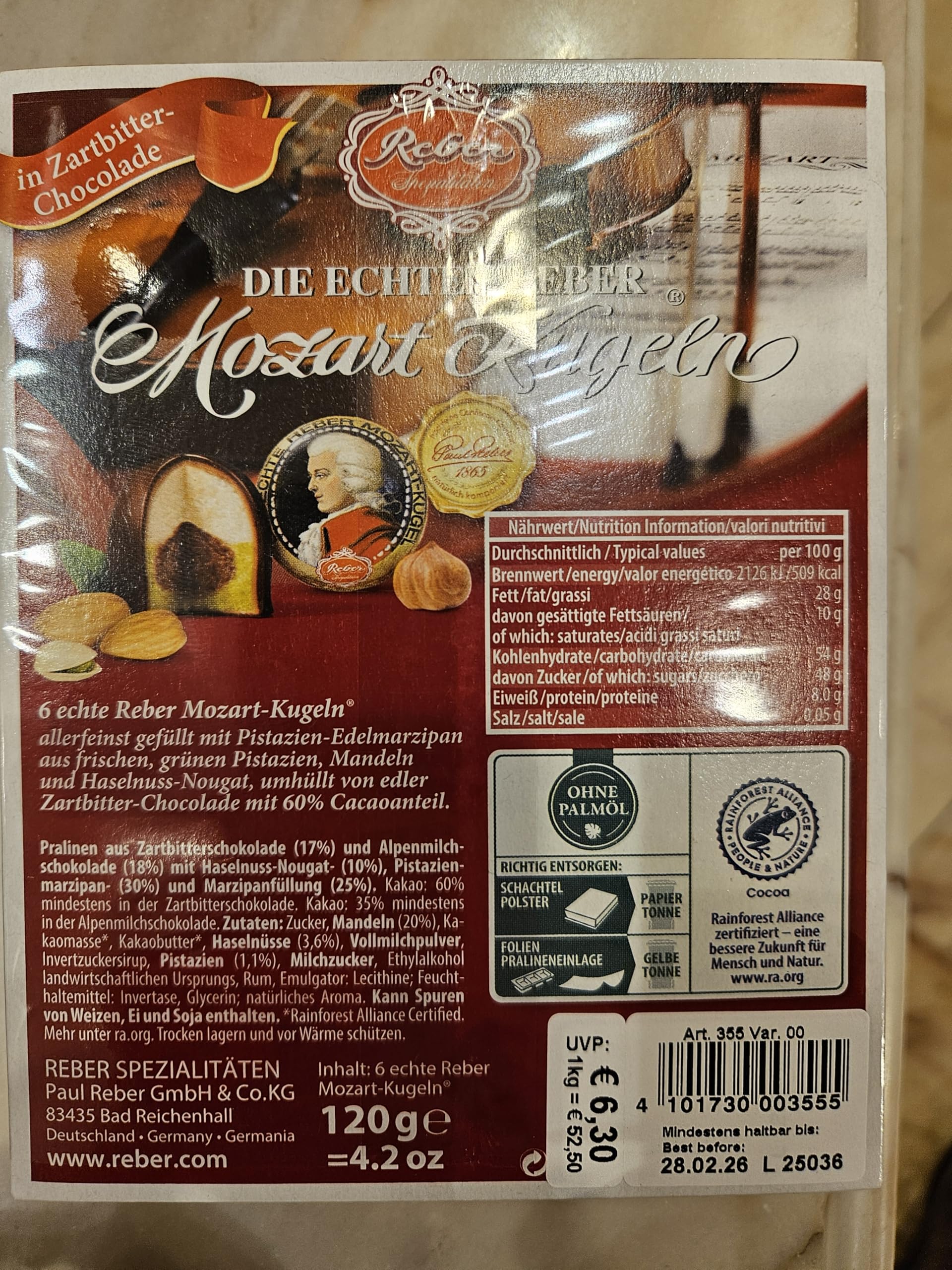 Reber Echte Mozart-Kugeln Barock Pralinen 6er 120g Zartbitter
