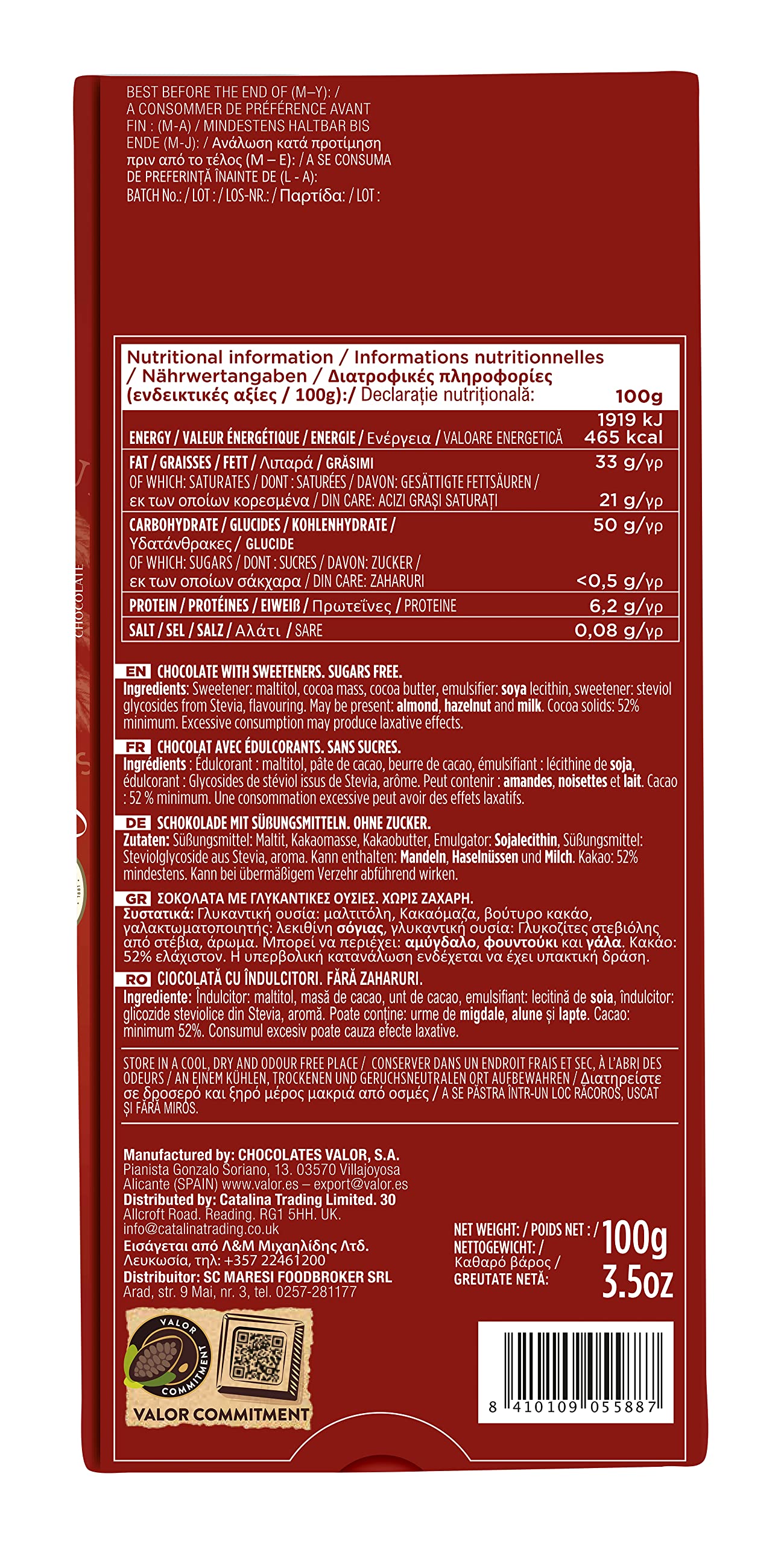 Valor 0% Dunkle Schokolade 52% 100g ohne Zucker Stevia