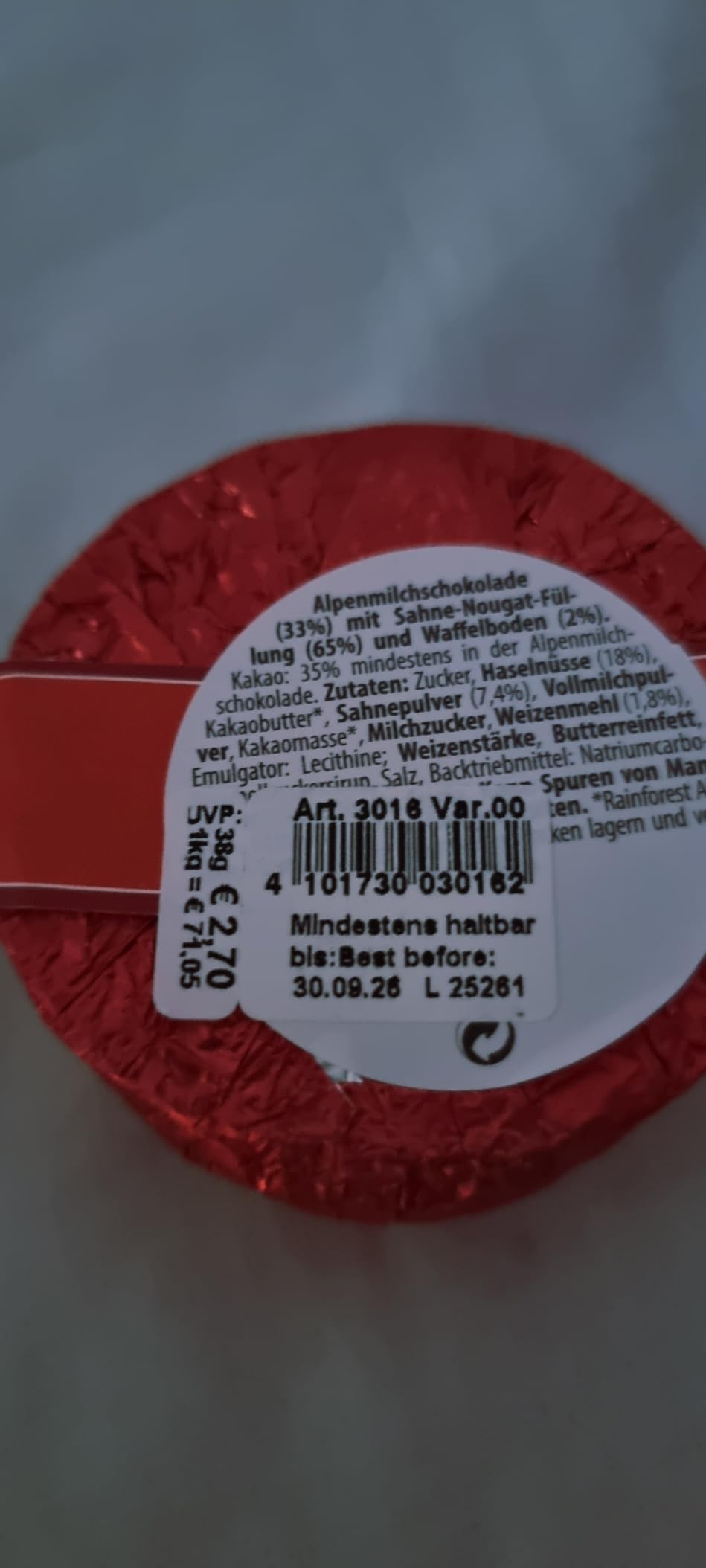 Reber Pasteten Sahne-Nougat Schokolade 342g 9 Stück Alpenmilch