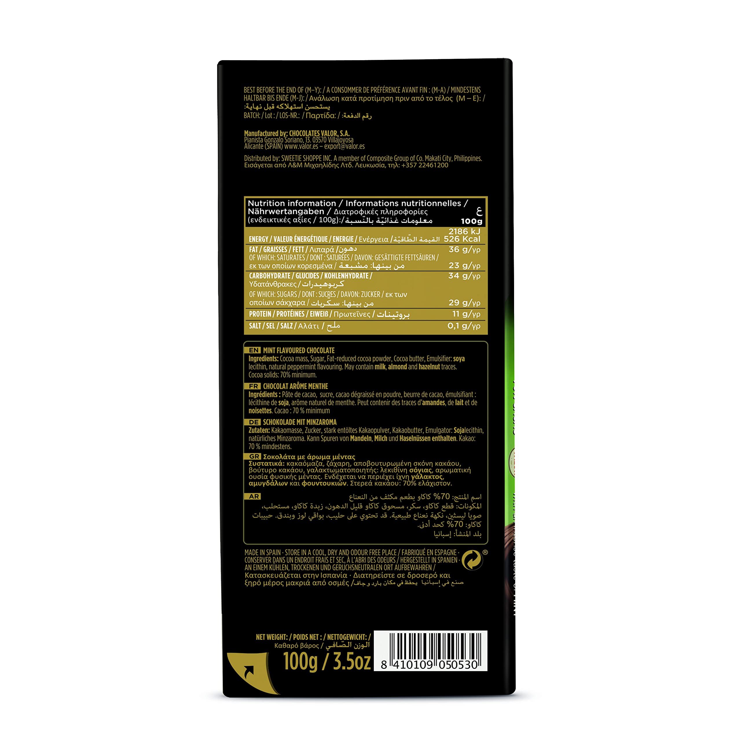 Valor Tradicionales Dunkle Schokolade 70% Minze 100g vegan