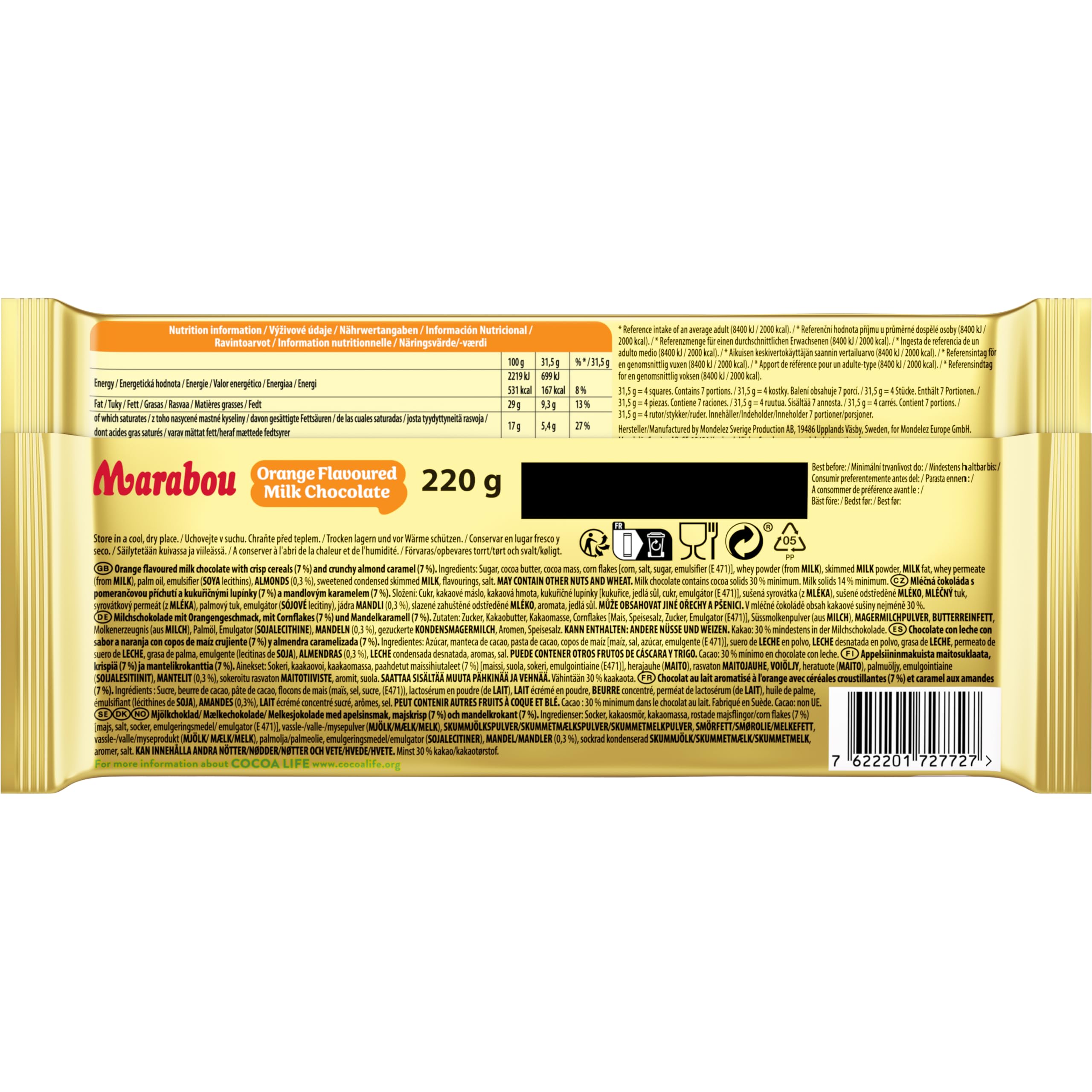 Marabou Chokladkakor Apfelsin Krokant Tafel 14x220g Orange