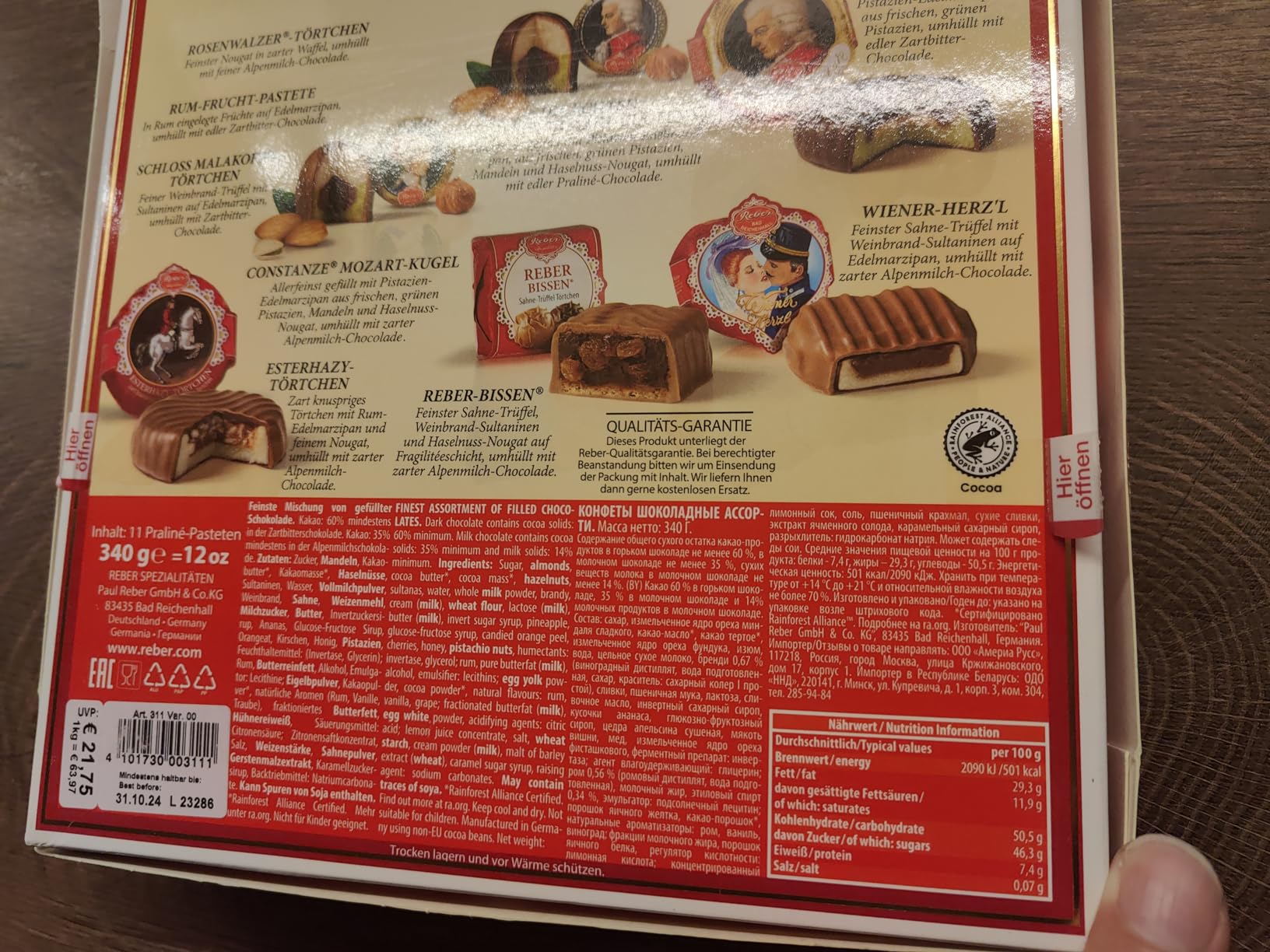 Reber Quadrat-Kassette Pralinen 11er 340 g Geschenkpackung