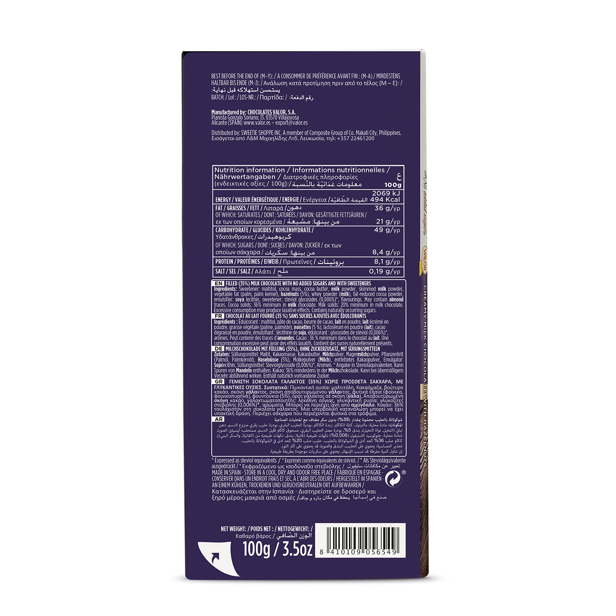 Valor 0% Milchschokolade Haselnusscreme zuckerfrei 100 g