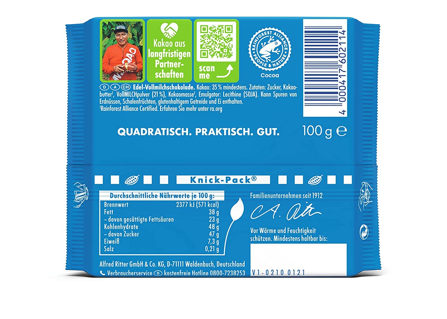 Ritter Sport Edel-Vollmilch Vollmilchschokolade 100g Kakao 35%