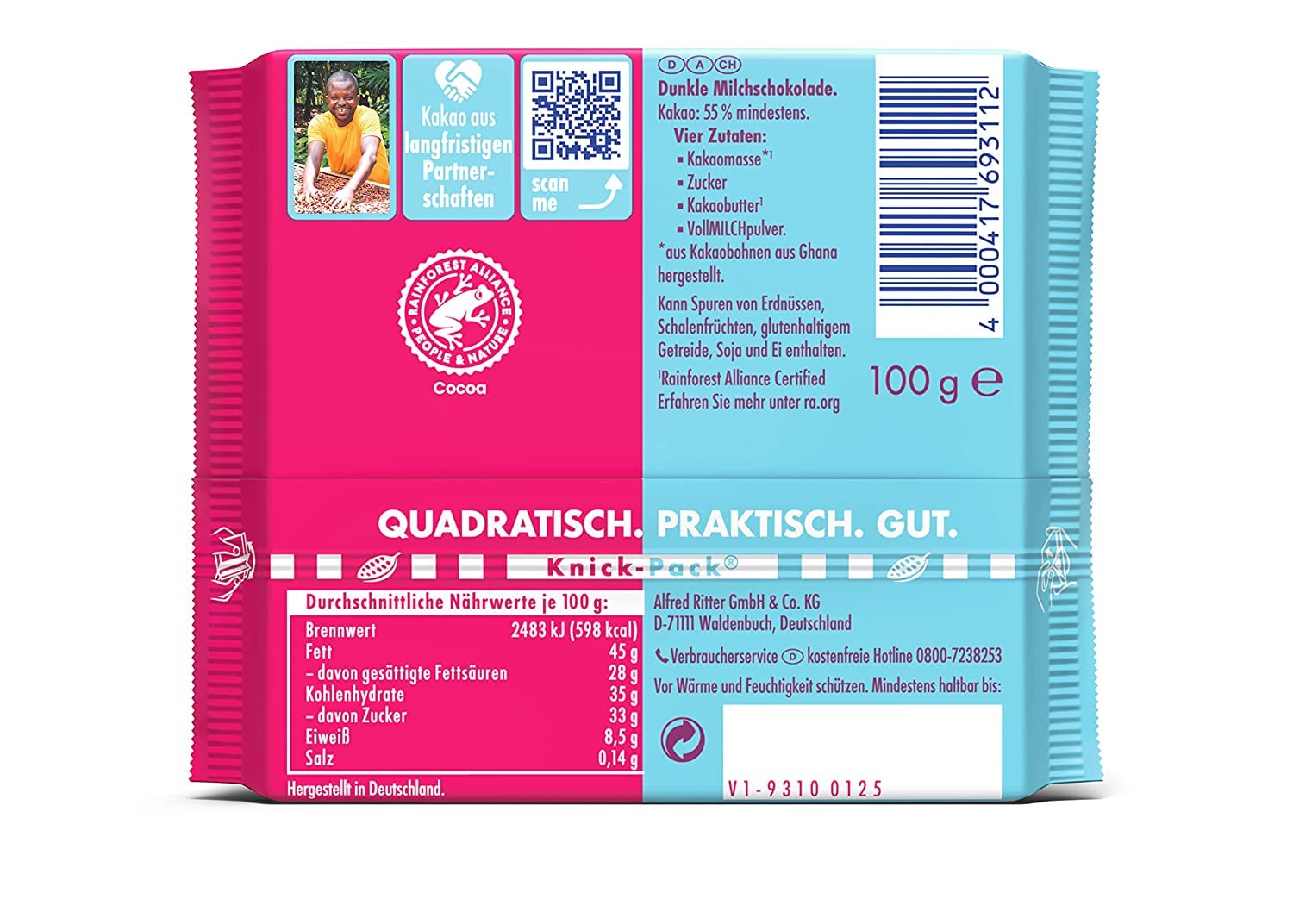 Ritter Sport Kakao-Klasse Die Milde 55% Tafel 100g Ghana